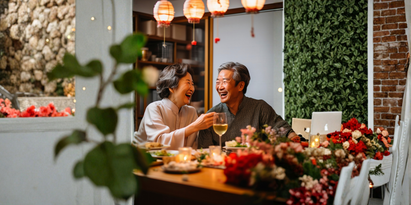 Parents laughing and celebrating with dinner